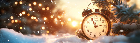 A vintage clock rests on fresh snow near a pine tree as soft flakes fall. The warm glow of the sunset casts a beautiful light, enhancing the peaceful winter setting.の素材