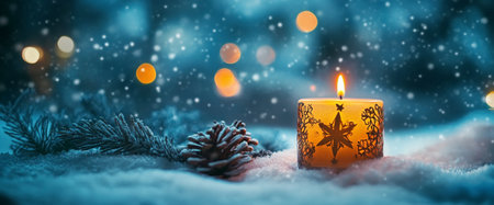 A decorative candle burns brightly on a blanket of snow, surrounded by pine branches and a pine cone. Soft snowflakes fall while warm bokeh lights twinkle in the background.の素材