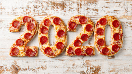A delicious arrangement of pepperoni pizza formed into the numbers 2020 sits on a rustic wooden surface, perfect for a themed gathering or event celebrating the year.の素材
