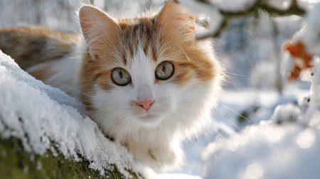A fluffy cat with a mix of colors cautiously navigates through deep snow, its bright eyes reflecting curiosity. A serene winter scene surrounds the feline in a peaceful forest.の素材