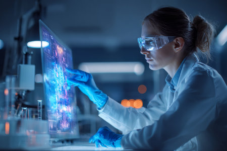 A dedicated scientist in safety goggles uses a transparent digital display to examine complex data in a bright lab. The atmosphere is focused and high-tech, showcasing innovation.の素材