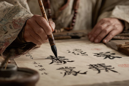 An individual expertly holds a calligraphy brush, creating beautiful characters on rice paper. This artistic activity takes place in a serene, traditional environment with historical elements.の素材