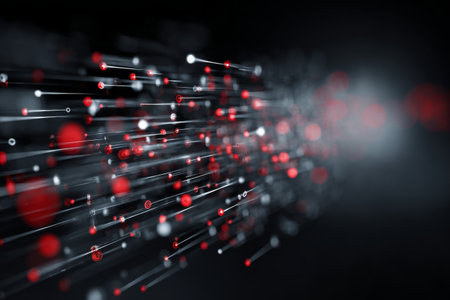 Red and white particles are dispersed across a dark background, creating a dynamic sense of movement and depth, evoking a futuristic atmosphere and technology theme.の素材