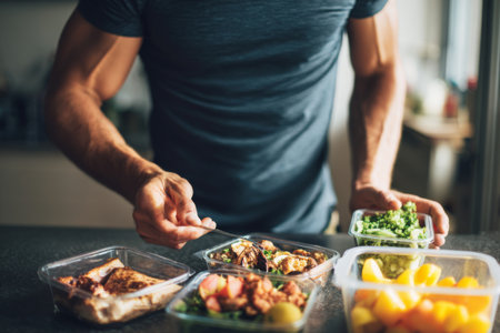Man organizes various meal containers in his kitchen, focusing on healthy choices with vegetables, proteins, and fruits aimed at maintaining a balanced diet for fitness.の素材