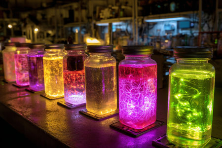 A row of jars filled with vibrant, glowing liquids shines in a laboratory setting at night. The colorful illumination creates a captivating atmosphere, showcasing science in action.の素材