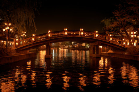 Visitors admire the beauty of a wooden bridge adorned with glowing lanterns above a calm river under the night sky, creating a peaceful atmosphere.の素材