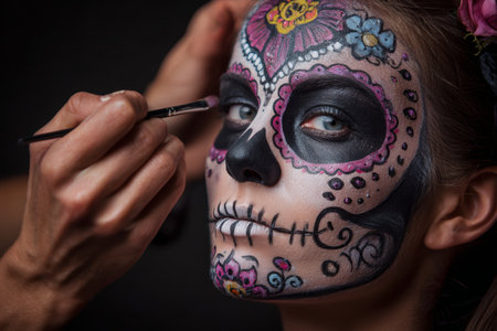 An artist skillfully paints a colorful sugar skull design on a models face, preparing for a Day of the Dead celebration. Detailed patterns and vibrant colors enhance the festive spirit.の素材