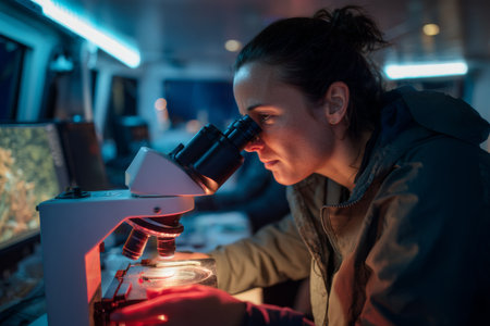 A scientist focuses intently on a microscope while examining biological samples at a lab during the evening. The environment is illuminated with soft lights, enhancing concentration.の素材