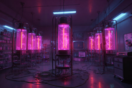 In a dim laboratory, multiple tall glass reactors emit vibrant pink light, illuminating the space. Wires and equipment create a futuristic atmosphere.の素材