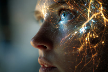 A close-up view of a person displaying vibrant neural connections across their face. The glowing patterns suggest deep thought and exploration of consciousness.の素材