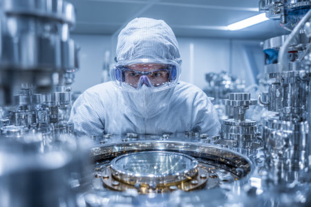 A researcher dressed in a protective suit and goggles examines precise instruments in a cleanroom laboratory. The environment is sterile and equipped with advanced technology for experiments.の素材