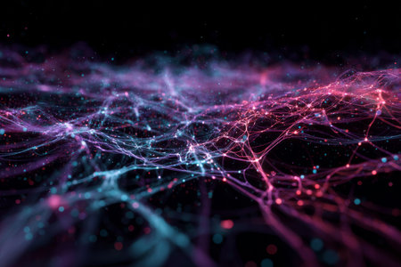 Bright strands of light in shades of blue and pink create an intricate web, symbolizing digital connections and networks. This visual evokes a sense of complexity in a dark backdrop.の素材