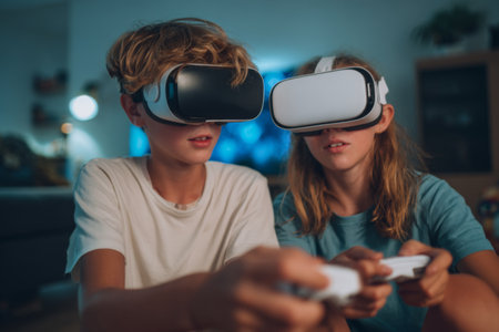 Two children are immersed in a virtual reality gaming experience while sitting together in a comfortable living room in the evening. They focus on their gameplay, holding controllers.の素材