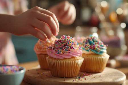 Hands are adding vibrant sprinkles on pink and blue frosted cupcakes in a cozy kitchen. The atmosphere is filled with joy and creativity, perfect for baking enthusiasts.の素材