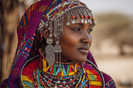 A young woman stands in a rural environment, adorned in colorful traditional clothing and elaborate jewelry. Her expression reflects pride and cultural heritage in bright daylight.の素材
