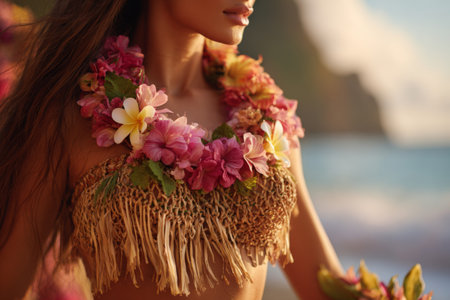 Against a stunning sunset, a young woman wears a colorful floral lei while standing near the ocean. Warm light highlights her features as she enjoys the serene coastal atmosphere.の素材
