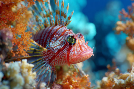 Vibrant lionfish gracefully navigates through a colorful coral reef filled with diverse marine life and intricate coral formations. The scene captures the harmony of ocean life.の素材
