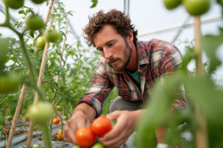 A young man carefully picks ripe tomatoes from their plants in a greenhouse. The setting highlights sustainable agriculture and the joy of harvesting fresh produce in summer.の素材