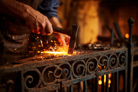 Late evening in a traditional forge where a skilled blacksmith hammers heated metal. Bright sparks fly as he shapes the glowing material, showcasing craftsmanship.の素材