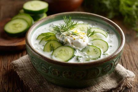 A healthy cucumber yogurt salad featuring sliced cucumbers and a dollop of creamy yogurt topped with fresh herbs sits elegantlyの素材