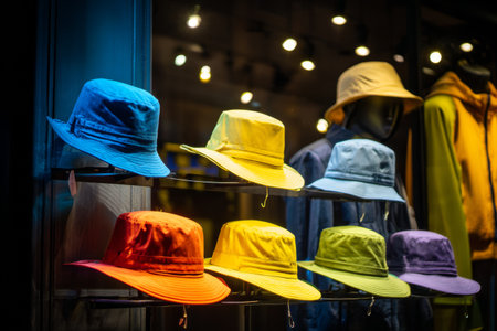 Brightly colored hats are arranged neatly on a display shelf outside a clothing store. The vibrant hues include blue, yellow, red, and green, attracting passersby.の素材