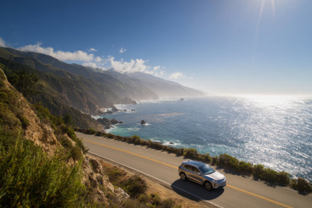A silver SUV travels along a winding road by the coast, surrounded by cliffs and waves. Sunlight reflects off the ocean, creating a beautiful midday ambiance.の素材