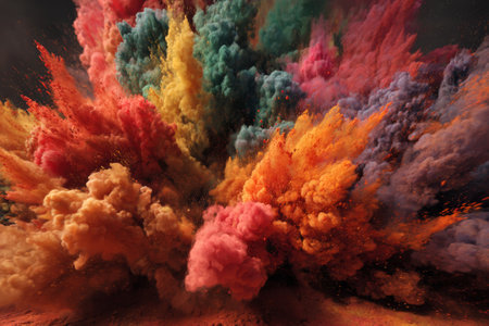 A spectacular display of colorful powders erupts from the ground, forming vivid clouds of orange, pink, and blue against a dark background at a vibrant festival celebration.の素材