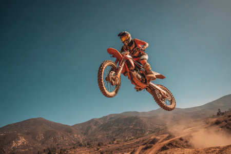 A motocross rider soars through the air, showing impressive skill while navigating a dirt track on a sunny day. The rider is in mid-jump against a backdrop of mountains.の素材