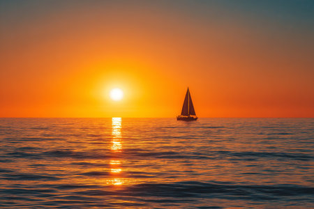 A radiant sunset casts golden hues across calm ocean waters as a solitary sailboat glides gracefully on the horizon, offering a serene and picturesque evening view.の素材