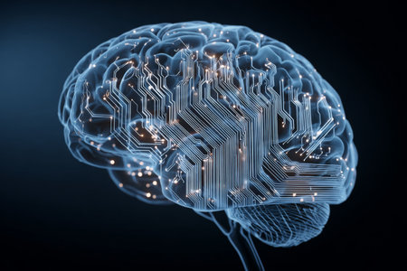 A digital illustration depicts a human brain interconnected with circuit-like patterns, symbolizing the fusion of neuroscience and technology. This artwork emphasizes innovation and cognition.の素材