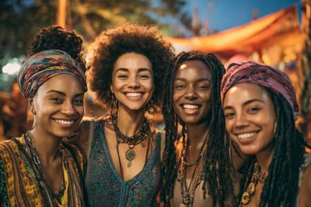 A group of four women displays joy and camaraderie at an outdoor festival as dusk falls. They wear colorful attire, accessories, and showcase various hairstyles, embodying a festive spirit.の素材