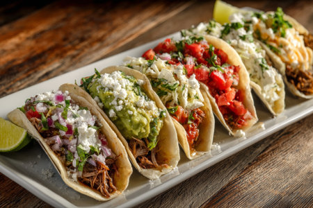 A colorful assortment of tacos is displayed on a white platter, featuring various fillings and toppings. Fresh lime accompanies the dish on a rustic wooden table, creating an inviting presentation.の素材