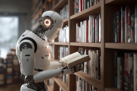 A humanoid robot stands in a contemporary library, examining a book intently.の素材