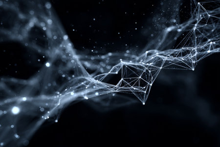 Intricate network of lines and glowing dots illustrate a digital landscape. The design embodies themes of technology, connectivity, and data analysis in a dark setting.の素材