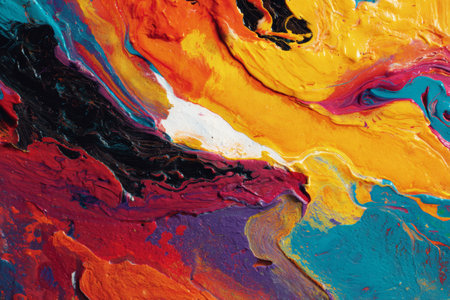 A vibrant abstract artwork showcases swirling colors like orange, yellow, blue, and black. The dynamic patterns reflect creativity and energy, capturing attention and evoking emotion.の素材