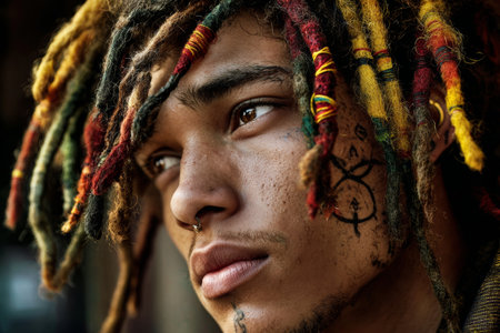 A young man with vibrant dreadlocks and intricate facial tattoos gazes thoughtfully while sitting in an urban environment, showing a unique style and attitude.の素材