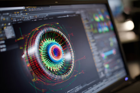 Complex 3D modeling software is displayed on a computer screen, highlighting a rotating wireframe of a mechanical part in stunning detail and vibrant colors, showing advanced design capabilities.の素材