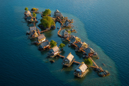 A cluster of wooden stilt houses stands on a small island, surrounded by tranquil blue water. Lush greenery adds beauty to this serene village, creating a peaceful atmosphere at sunset.の素材