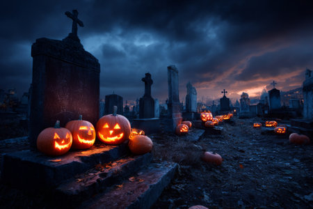 In a graveyard, carved pumpkins with cheerful faces glow brightly against the shadows. The setting is mysterious with cloudy skies adding to the Halloween atmosphere as twilight falls.の素材