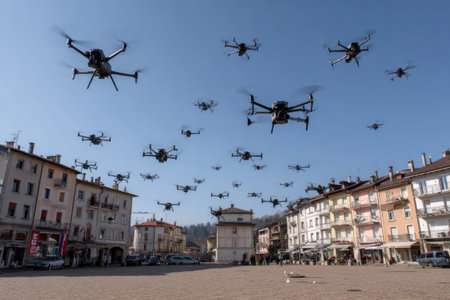 Multiple drones fly in formation above a lively town square surrounded by historic buildings. The clear blue sky adds to the vibrant atmosphere of the event.の素材