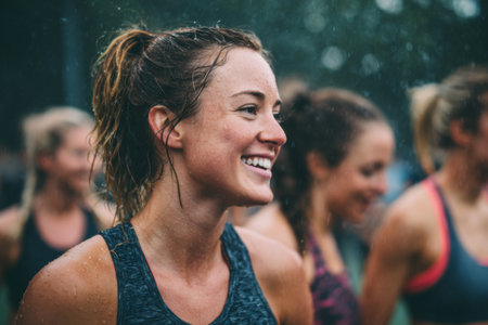 A group of women participates in an outdoor fitness activity while it rains. They show joy and enthusiasm, especially one woman who is smiling brightly. Their determination and energy are evident.の素材
