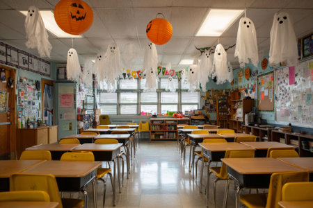 A cheerful classroom prepared for Halloween features hanging ghost decorations and orange lanterns. Empty desks await students and festive activities.の素材