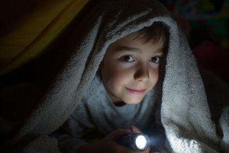 A young boy is tucked under a blanket with a flashlight, smiling as he enjoys his cozy blanket fort. The room is dimly lit, creating a warm and playful atmosphere.の素材