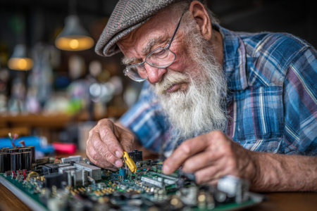 An elderly man with a white beard carefully inspects and repairs an electronic circuit board. His workshop is filled with tools and various vintage electronics, creating a cozy atmosphere.の素材