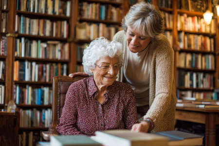 A woman sits in an armchair, smiling as she interacts with her caregiver in a warm senior library filled with books. The atmosphere is inviting and peaceful as they share a special moment.の素材