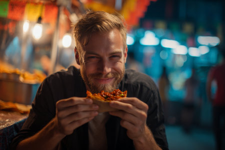 A man is sitting at a vibrant night market, enjoying a delicious street food snack. Colorful lights illuminate the scene, enhancing the cheerful atmosphere.の素材