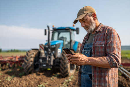 A farmer wearing a cap and plaid shirt looks at his smartphone while standing in a field. A blue tractor is parked behind him under the bright sky, indicating a busy working day.の素材