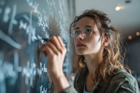 A young woman with curly hair focuses on writing complex equations on a blackboard. She appears engaged as she solves math problems in a bright classroom setting.の素材