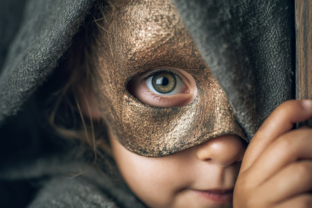 A child is seen hiding partially behind a dark cloak while wearing a shiny golden mask. The childs expressive eye shows curiosity and playfulness, set in a cozy environment.の素材