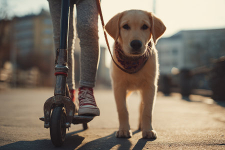 A golden retriever walks alongside a person riding a scooter on a city street at sunset. The warm light casts a gentle glow on both the dog and the rider.の素材